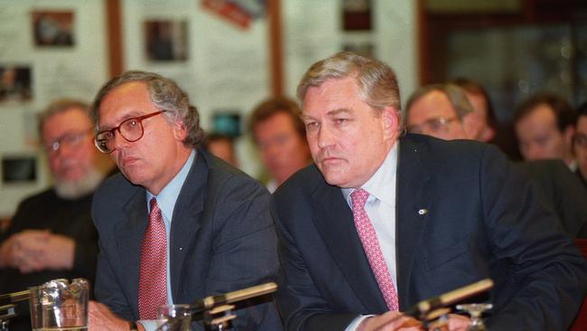 John Fairfax Holdings non executive director Conrad Black (R) and deputy chairman Dan Colson at a Senate Inquiry into foreign media ownership.