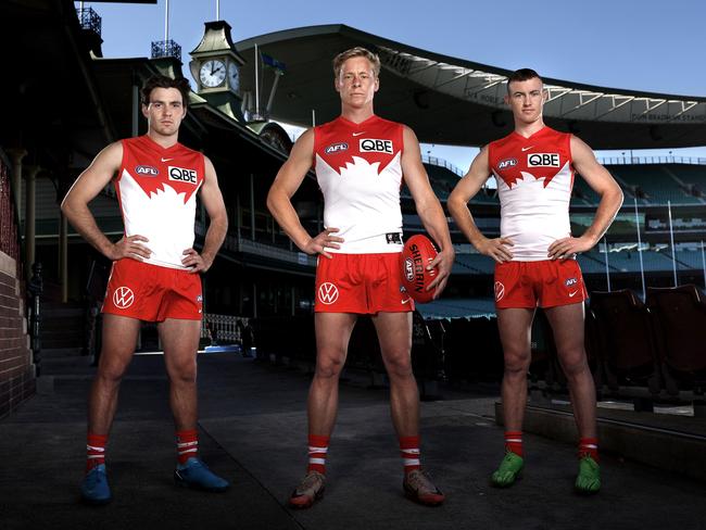 Errol Gulden, Isaac Heeney and Chad Warner have led the Swans’ midfield in 2024 and were all named in the All-Australian side. Picture: Phil Hillyard