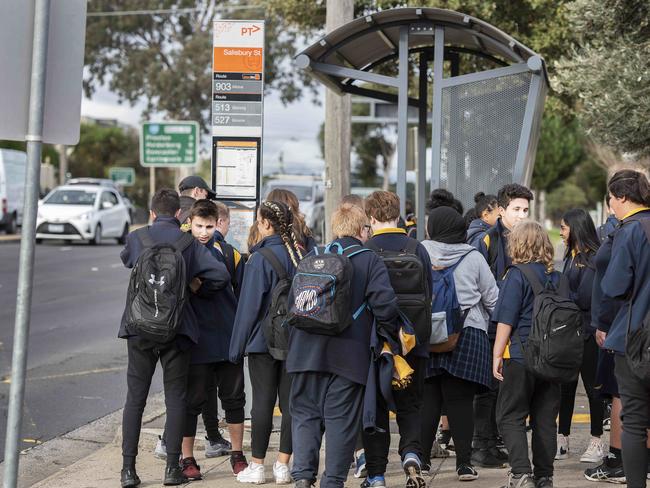 Coburg High students pile into a narrow stop. Picture: Ellen Smith