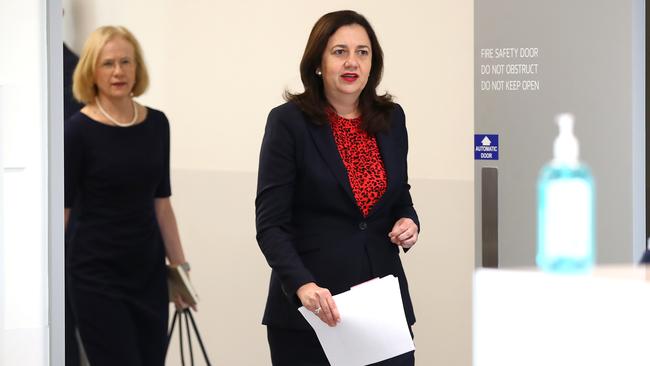 QLD Premier Annastacia Palaszczuk (right) arrives with Chief Health Officer Dr Jeannette Young to a press conference at the new $340 million elective surgery facility at the Herston Quarter set to open next year. Picture: NCA NewsWire / Jono Searle