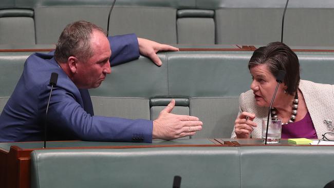 Barnaby Joyce with Cathy McGowan in parliament yesterday. Picture: Kym Smith