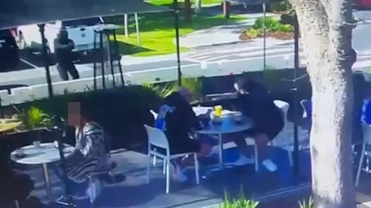 Graphic CCTV footage emerged of the moment gangland figure Gavin ‘Capable’ Preston (sitting down, centre left) was gunned down at a Melbourne cafe on Saturday. Picture: Supplied.