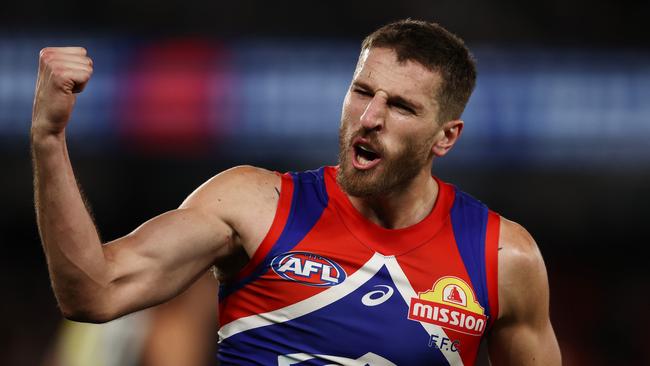 MELBOURNE, AUSTRALIA - August 4, 2023. AFL .        Bulldog Marcus Bontempelli celebrates a 3rd quarter goal during the round 21 match between the Western Bulldogs and Richmond at Marvel Stadium in Melbourne.   Photo by Michael Klein.