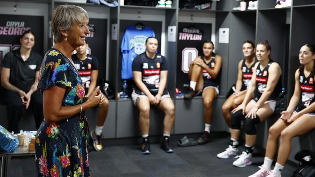 DAILY TELEGRAPH FEBRUARY 12, 2025. Layne Beachley giving the Sydney Flames an insight into her lessons and techniques for sporting success and overcoming adversity ahead of their game against Townsville at the Quaycentre at Sydney Olympic Park. Picture: Jonathan Ng