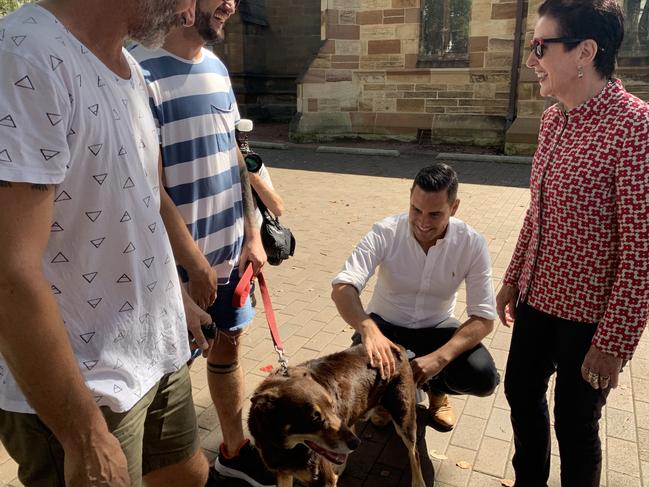 Alex Greenwich and City of Sydney Lord Mayor Clover Moore waiting in line to make their vote. Picture: Laura Sullivan