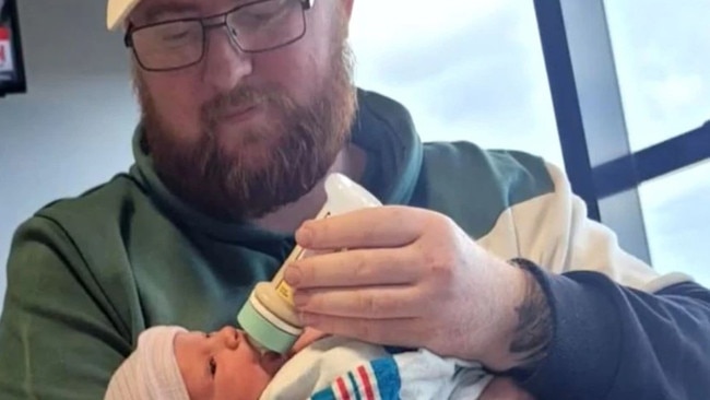 Tony O'Keefe and daughter 'Audrey' who was born amid the deadly hurricane 'Milton' in Florida, US, in October 2024. Partner Dayna Sly from the Hunter Region, NSW didn't even know she was pregnant. Credit: Go Fund Me