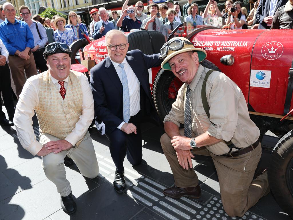 Warren Brown and Matthew Benns from The Daily Telegraph arrived in Melbourne and met with Prime Minister Anthony Albanese, to conclude their epic adventure. Picture: NewsWire/ David Crosling