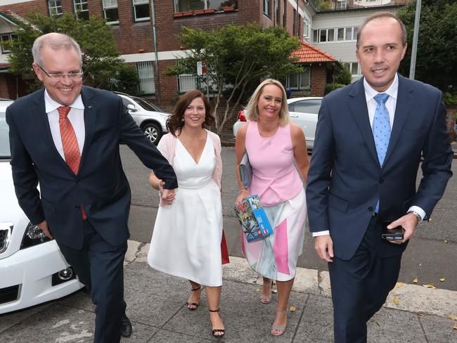 Then Immigration Minister Mr Dutton with Mrs Dutton, Treasurer Scott Morrison and wife Jenny. Picture: By James Croucher