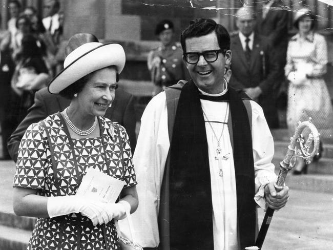 The Anglican Archbishop of Adelaide, the Most Reverend Keith Rayner, escorts the Queen after Morning Prayer at St Peter's Cathedral on March 20 1977.