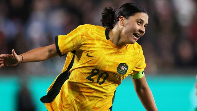 Matildas superstar Sam Kerr said being potentially booked would hurt Australia’s chances too much to wear the rainbow captain’s armband. Picture: Ryan Pierse / Getty Images