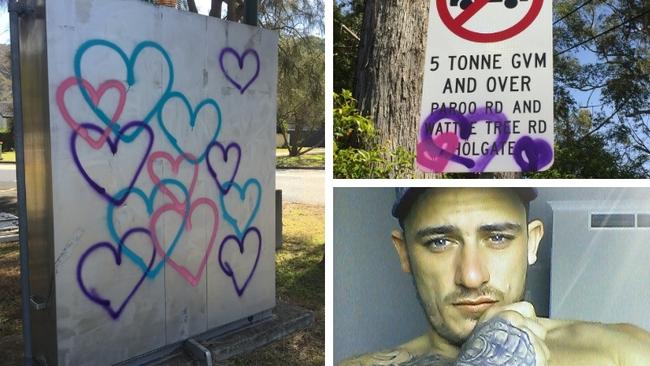 Daniel Bolton, 29, of Budgewoi, has been jailed for spraying a heart similar to these pictured here on a street sign. Picture: supplied