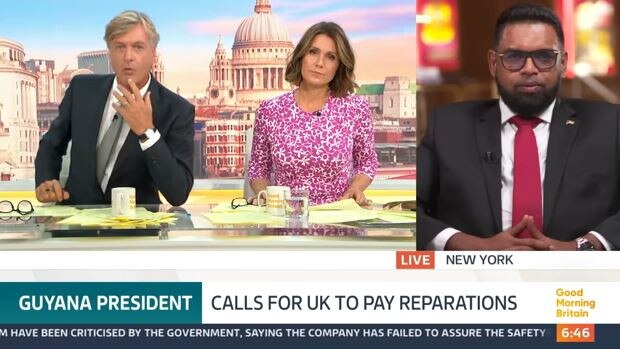 The Guyana president calls for UK to pay reparations on Good Morning Britain. Picture: YouTube