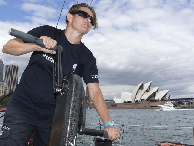 Liz Wardley aboard the Italian yacht Maserati ahead of the 2015 Sydney to Hobart.