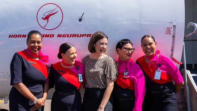 QantasLink Q400 aircraft named Horn Island. QantasLink chief executive Rachel Yangoyan with staff on the aircraft's first flight from Cairns to Horn Island. Picture: Qantas