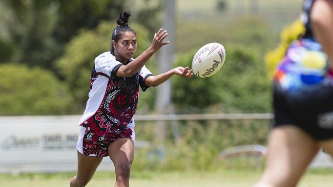 Tarnayar Hinch of Bradley Dahlstrom Memorial against ATSiCHS – Sister Girls in the Warriors Reconciliation Carnival women's games hosted by Toowoomba Warriors at Jack Martin Centre, Saturday, January 18, 2025. Picture: Kevin Farmer