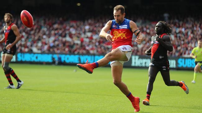 AFL round 4 with Brisbane Lions vs. Essendon Bombers at the MCG. Luke Hodge and Anthony McDonald-Tipungwuti . Picture: Alex Coppel. 