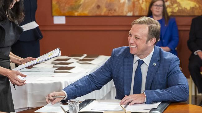 Steven Miles being sworn in as Premier. Picture: Richard Walker