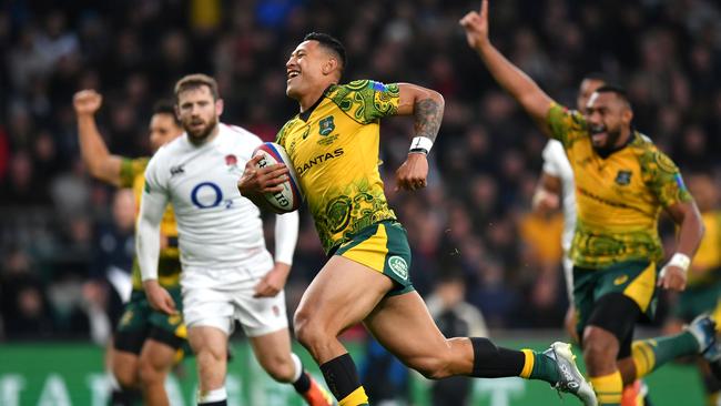 Israel Folau of Australia scores a try during the Quilter International match between England and Australia at Twickenham Stadium on November 24, 2018. Picture: Dan Mullan/Getty Images