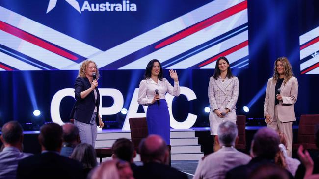 SYDNEY, AUSTRALIA – NewsWire Photos AUGUST 20, 2023: CPAC conservative conference at The Star this morning. Pictured is (left) Amanda Stoker, Moira Deeming, Rachel Wong and Sall Grover. Picture: NCA NewsWire / David Swift