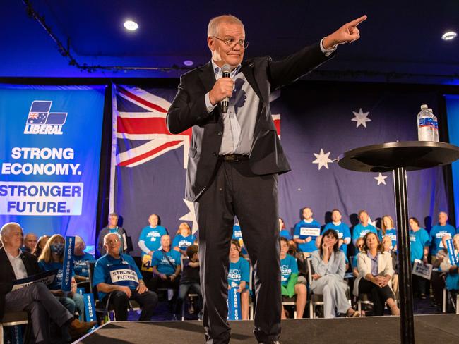 Prime Minister Scott Morrison speaks at the Central Coast and Hunter Valley campaign rally. Picture: Jason Edwards