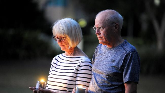 Residents Ken and Gail Sullivan. “Driveways at Dawn” initiative throughout Hamilton Reach Community spirit drives range of ANZAC Day 2020 celebrations despite COVID-19 restrictions. Saturday April 25, 2020. (AAP image, John Gass)