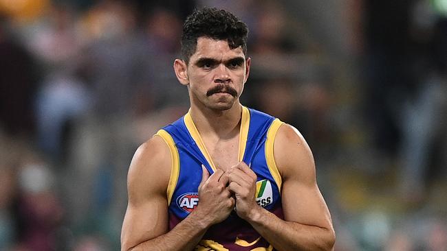 BRISBANE, AUSTRALIA - SEPTEMBER 04: Charlie Cameron of the Lions is dejected after the Lions were defeated by the Bulldogs during the AFL First Semi Final Final match between Brisbane Lions and the Western Bulldogs at The Gabba on September 04, 2021 in Brisbane, Australia. (Photo by Bradley Kanaris/Getty Images)