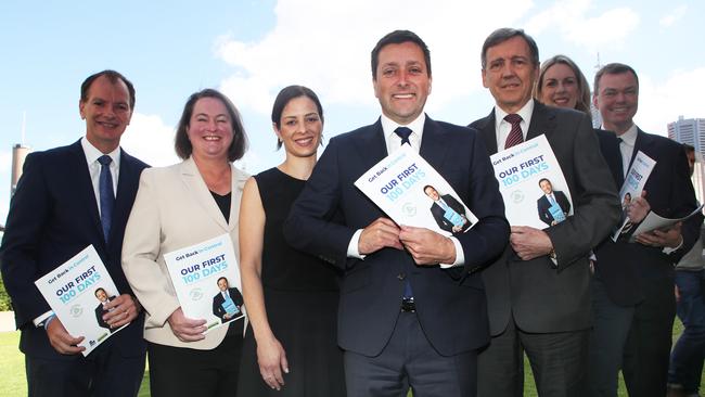 Opposition Leader Matthew Guy with wife Renae and some of his frontbench team. Picture: David Crosling/AAP