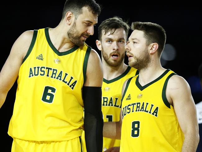 MELBOURNE, AUSTRALIA - AUGUST 24: Andrew Bogut of the Boomers speaks with Matthew Dellavedova of the Boomers during game two of the International Basketball series between the Australian Boomers and United States of America at Marvel Stadium on August 24, 2019 in Melbourne, Australia. (Photo by Daniel Pockett/Getty Images)
