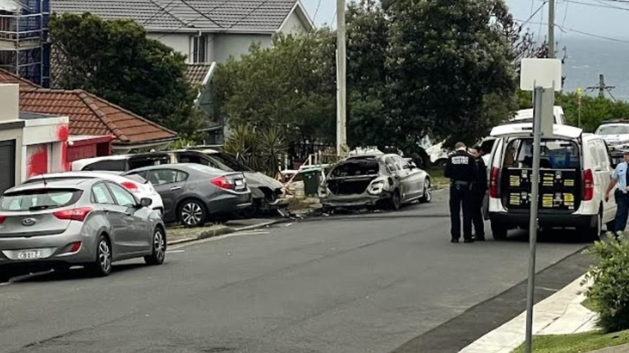 Damaged cars and paint splattered onto a property in Sydney's east. Picture: Madeline Crittenden