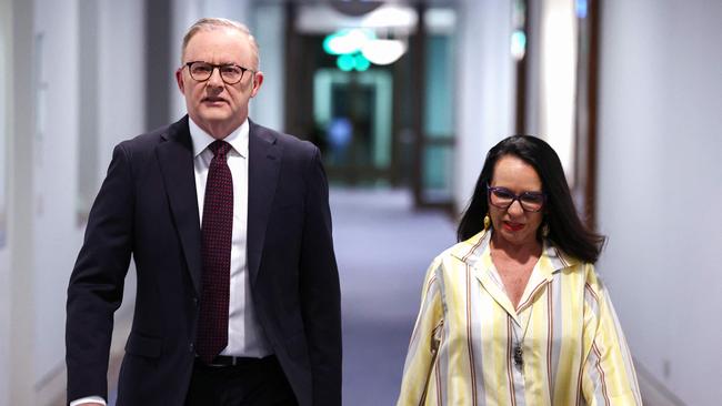 Prime Minister Anthony Albanese and Indigenous Australians Minister Linda Burney walk to a media conference at Parliament House. Picture: AFP