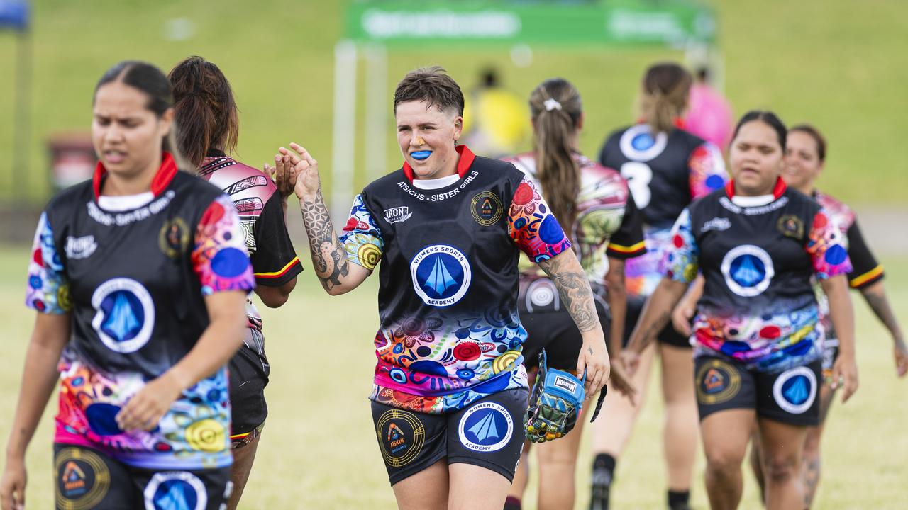 ATSiCHS – Sister Girls leave the field after the game against Toowoomba Warriors in the Warriors Reconciliation Carnival women's games hosted by Toowoomba Warriors at Jack Martin Centre, Saturday, January 18, 2025. Picture: Kevin Farmer