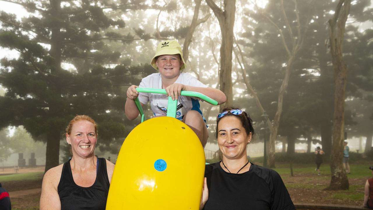 Playing before the start of Peak2Park are (from left) Stacey Paul, Adeline Cohen and Krystle Barclay, Sunday, April 3, 2022. Picture: Kevin Farmer
