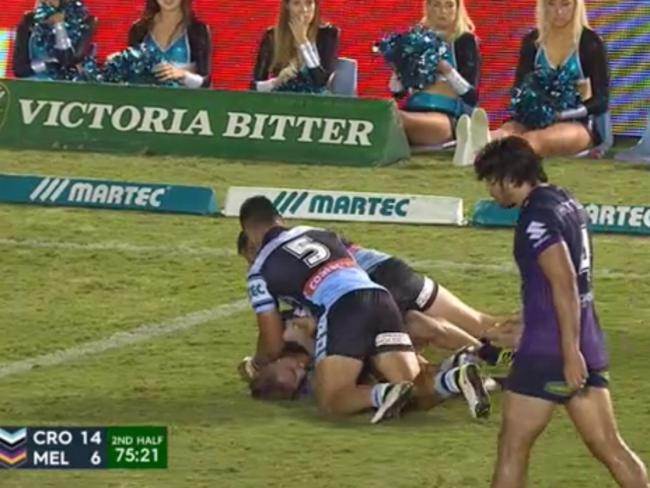 Valentine Holmes is penalised for an elbow to the head of Cameron Munster. Picture: Fox Sports