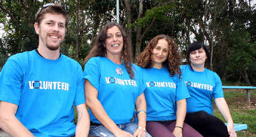 Easily identified ... HUB volunteers Luke Karmen, Nicqui Yazdi, Tania Mattiocco and Jemma Brunell in the bright blue volunteer T-shirts.