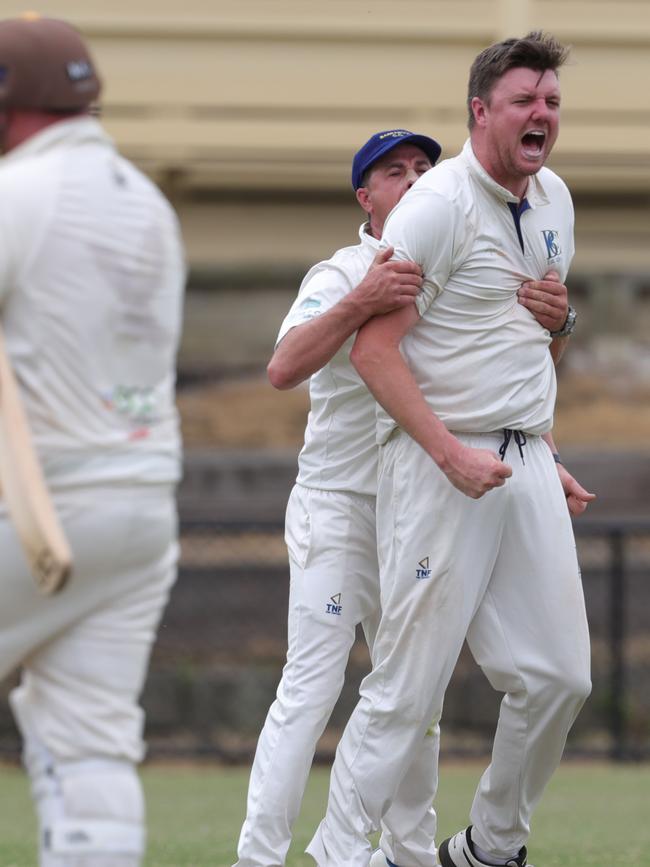 James Fisher celebrates after dismissing Drysdale batter Charlie Chlode. Picture: Mark Wilson