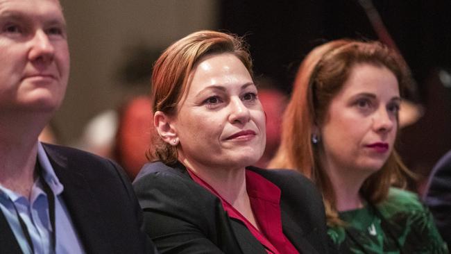 Queensland Treasurer Jackie Trad (centre), with Federal Shadow Minister for Industrial Relations Tony Burke and Member for Lilley Anika Wells. Picture: Glenn Hunt/AAP