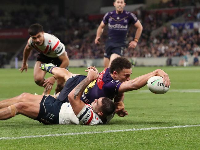 *APAC Sports Pictures of the Week - 2023, September 18* - MELBOURNE, AUSTRALIA - SEPTEMBER 15: Will Warbrick of the Storm scores a try during the NRL Semi Final match between Melbourne Storm and the Sydney Roosters at AAMI Park on September 15, 2023 in Melbourne, Australia. (Photo by Kelly Defina/Getty Images)