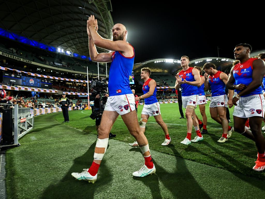 Max Gawn of the Demons leads his team off after winning the opening clash to Gather Round. Picture: Mark Brake/Getty Images.