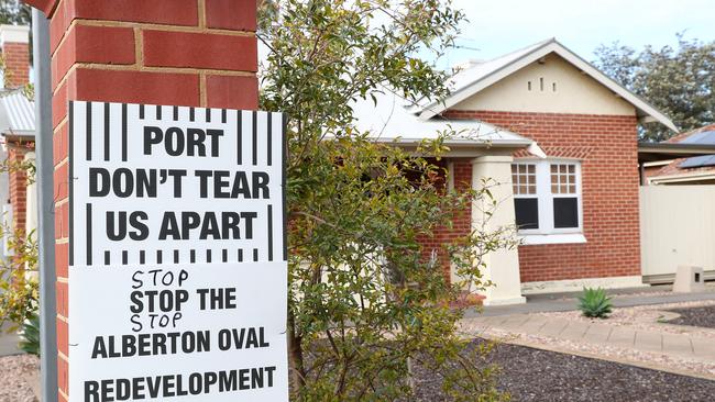 Alberton resident’s sign protesting the development at Alberton Oval. Picture: Sarah Reed