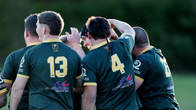 Wyong players celebrate a try. Picture: Sue Graham