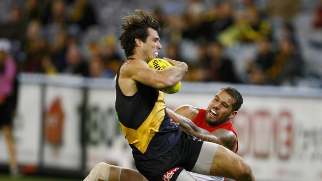 There were plenty of immersing battles between Rance and Swans superstar Lance Franklin. Picture: Michael Klein