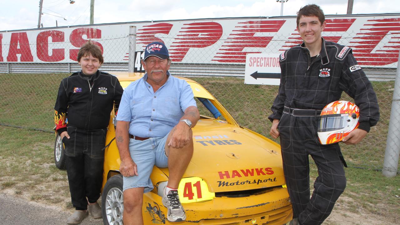 Decorated speedway driver Lyndsay Hawkings pictured in 2012 with grandsons Josh and Rob Hawkings who were carrying on the racing tradition.