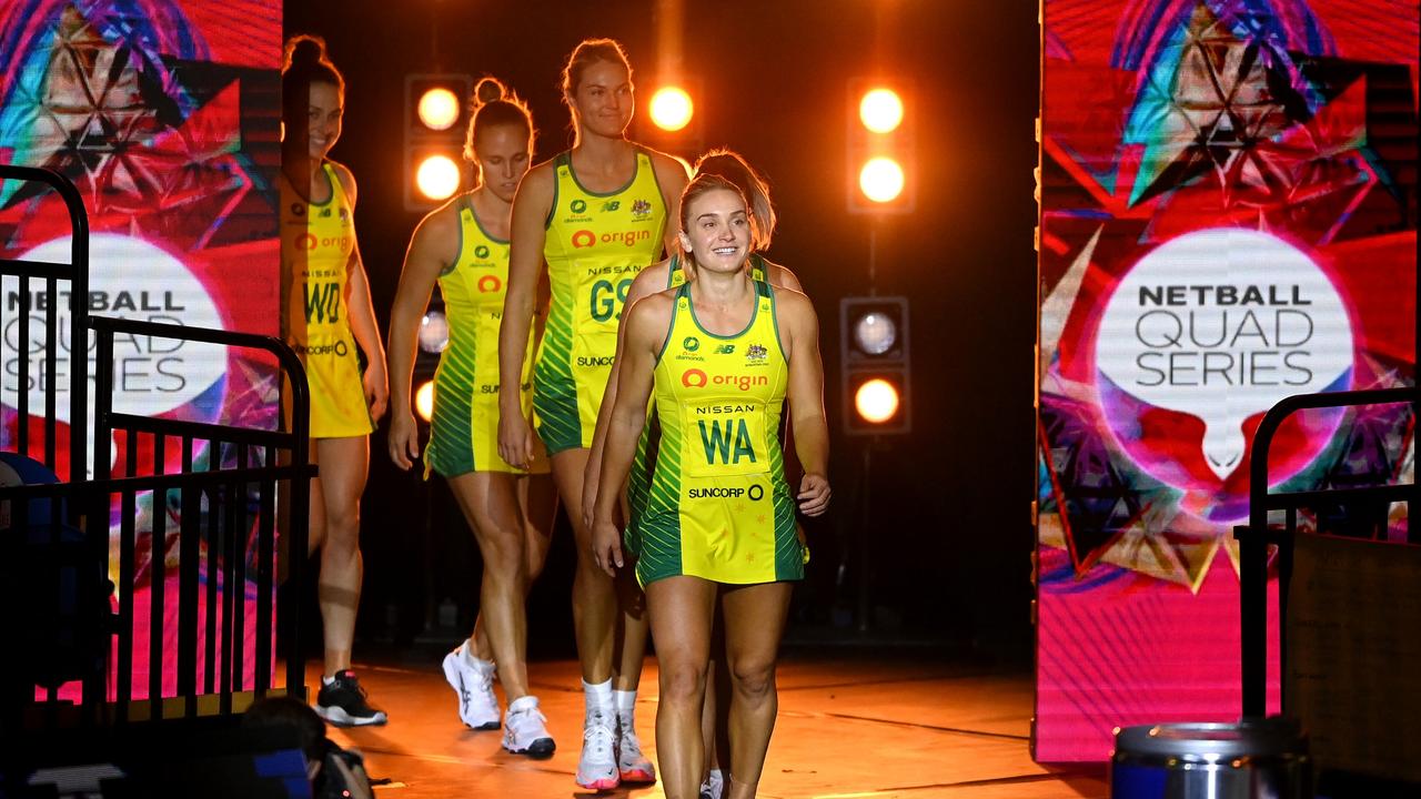 Liz Watson of Australia leads her team out during the 2022 Netball Quad Series match between the New Zealand and Australia. (Photo by Alex Davidson/Getty Images)