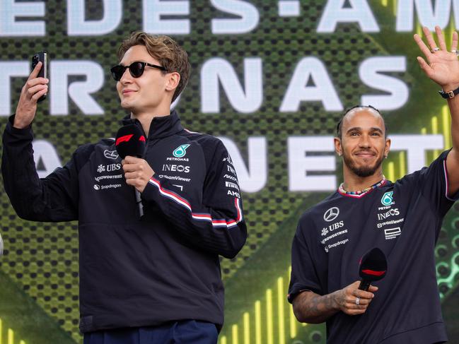 Mercedes George Russell and Lewis Hamilton. Saturday at the 2024 FORMULA 1 Melbourne Albert Park. Picture: Jason Edwards