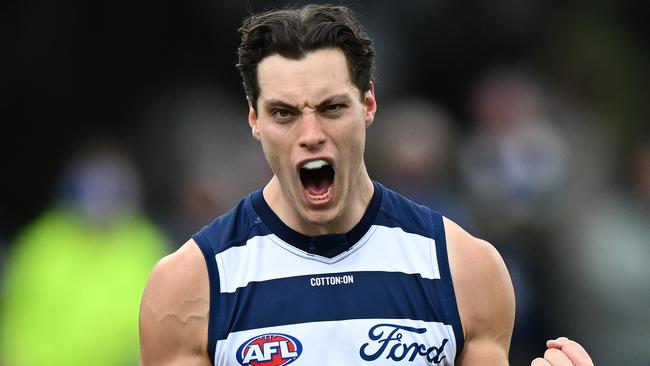 HOBART, AUSTRALIA - JULY 27: Shannon Neale of the Cats celebrates a goal  during the round 20 AFL match between North Melbourne Kangaroos and Geelong Cats at Blundstone Arena, on July 27, 2024, in Hobart, Australia. (Photo by Steve Bell/Getty Images)