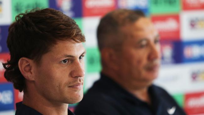 Kalyn Ponga and his father, Andre. Picture: Peter Lorimer/Getty Images