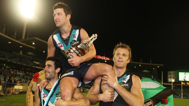 Josh Carr is chaired off after his last game for Port Adelaide.