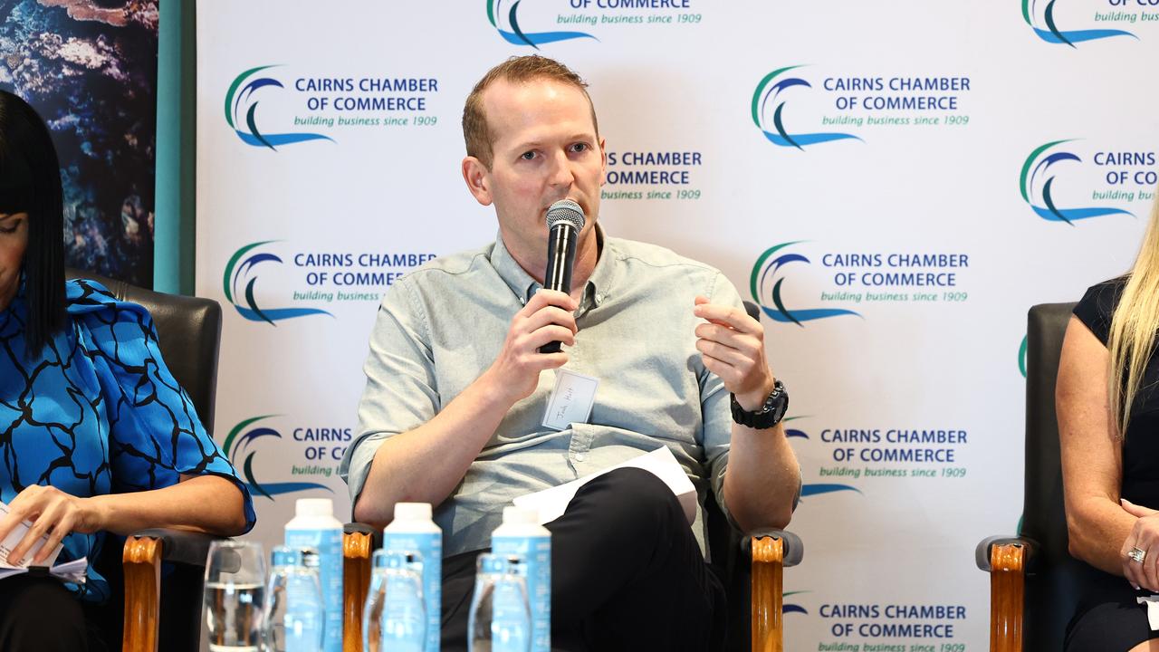 Greens candidate for Cairns Josh Holt participates in a Q&amp;A session at the 2024 Meet the Candidates: State Election Forum Lunch, hosted by the Cairns Chamber of Commerce and Tourism Tropical North Queensland at the Pullman Reef Hotel Casino. Picture: Brendan Radke