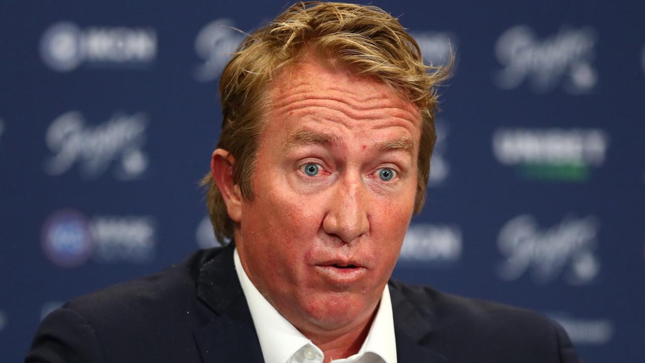 BRISBANE, AUSTRALIA - AUGUST 27: Roosters Head Coach Trent Robinson speaks to media during the round 24 NRL match between the Sydney Roosters and the South Sydney Rabbitohs at Suncorp Stadium, on August 27, 2021, in Brisbane, Australia. (Photo by Chris Hyde/Getty Images)