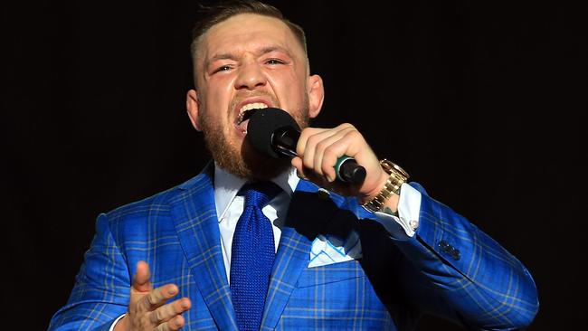 Conor McGregor speaks during the World Press Tour at Budweiser Stage in Toronto.